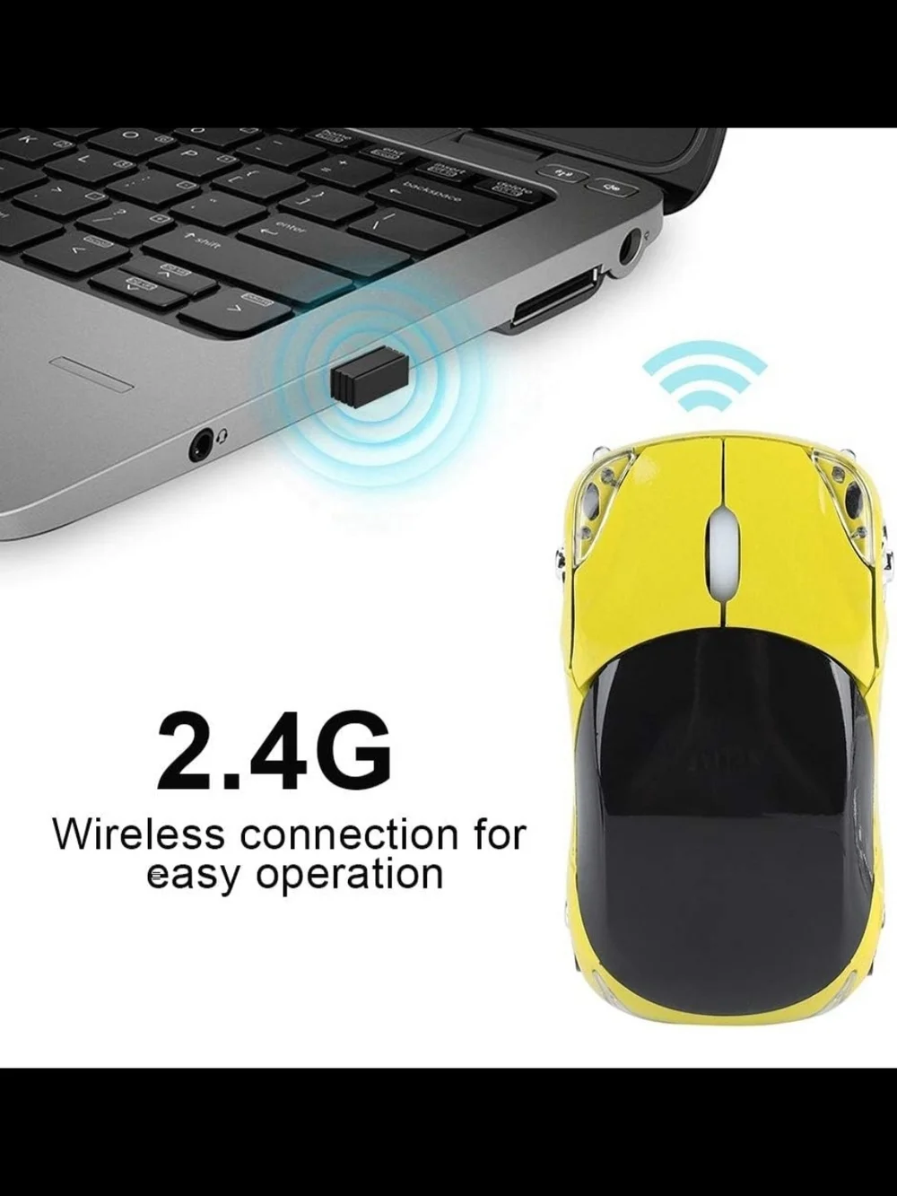 2.4G Car Mouse with USB Reciver 1600DPI Optical Mouse for PC Computer YELLOW